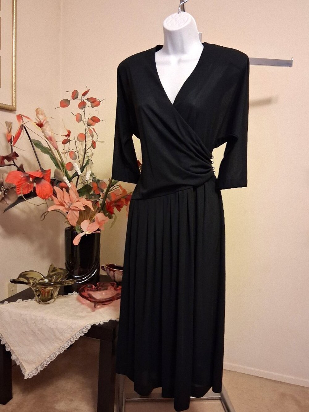 VTG Ana Lissa Maxi Black Pleated Dress Office Work Party A-Line Swing Dresses 12